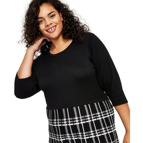 NWT BCX Trendy Plus Size Plaid Fit & Flare Sweater Dress 1235U21 2X Black Plaid - Picture 3 of 3